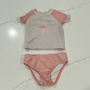 Janie and Jack pink flamingo rash guard swim top and pink striped bottom size 2T